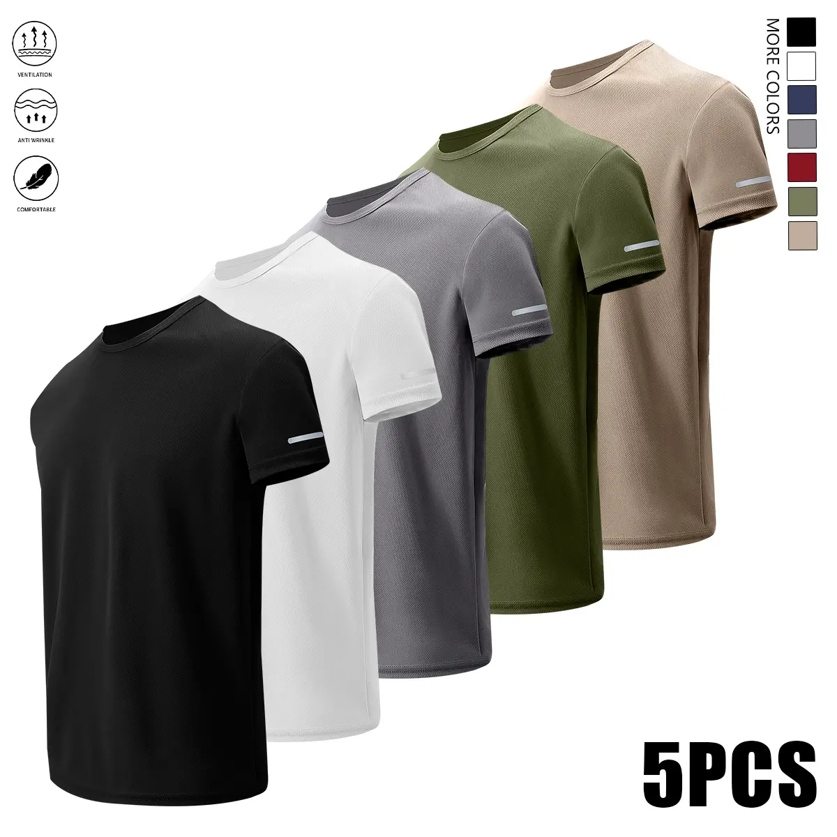 Men's 5-Pack Plain Polyester Round Neck Short-Sleeve T-Shirt Top with Reflective Stripes - Black, White, Gray, Army Green, Khaki - Multi-Size Including XXL, Summer Menswear for Sports & Casual Wear