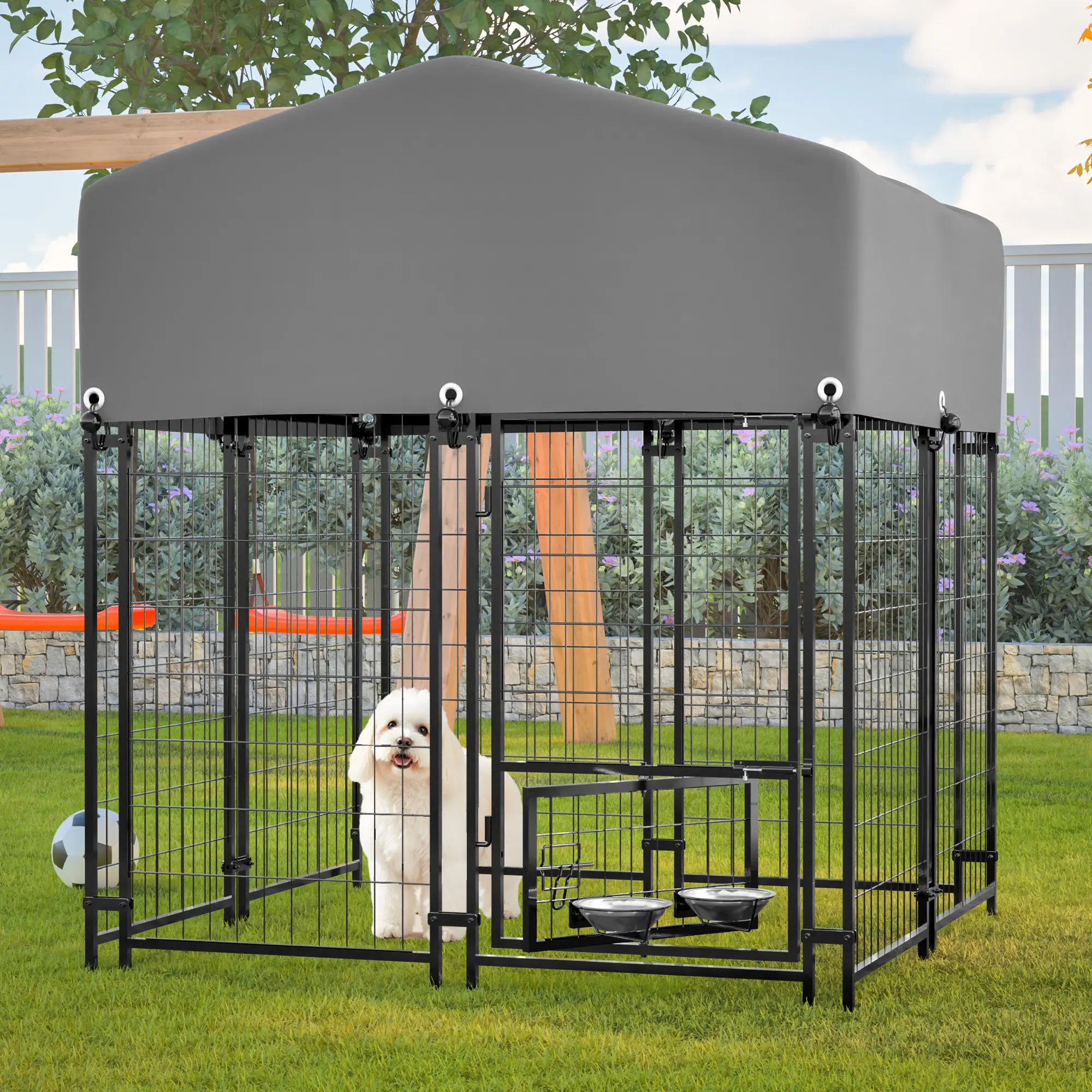 Outdoor Wire Metal Dog Kennel, 4.23x3.83x4.83 FT Modular Heavy-Duty Welded Crate with Customizable Design, All-Weather Roof, 360° Rotating Feeder & Dual-Lock Security for Large Pets, Wire Metal Kennel
