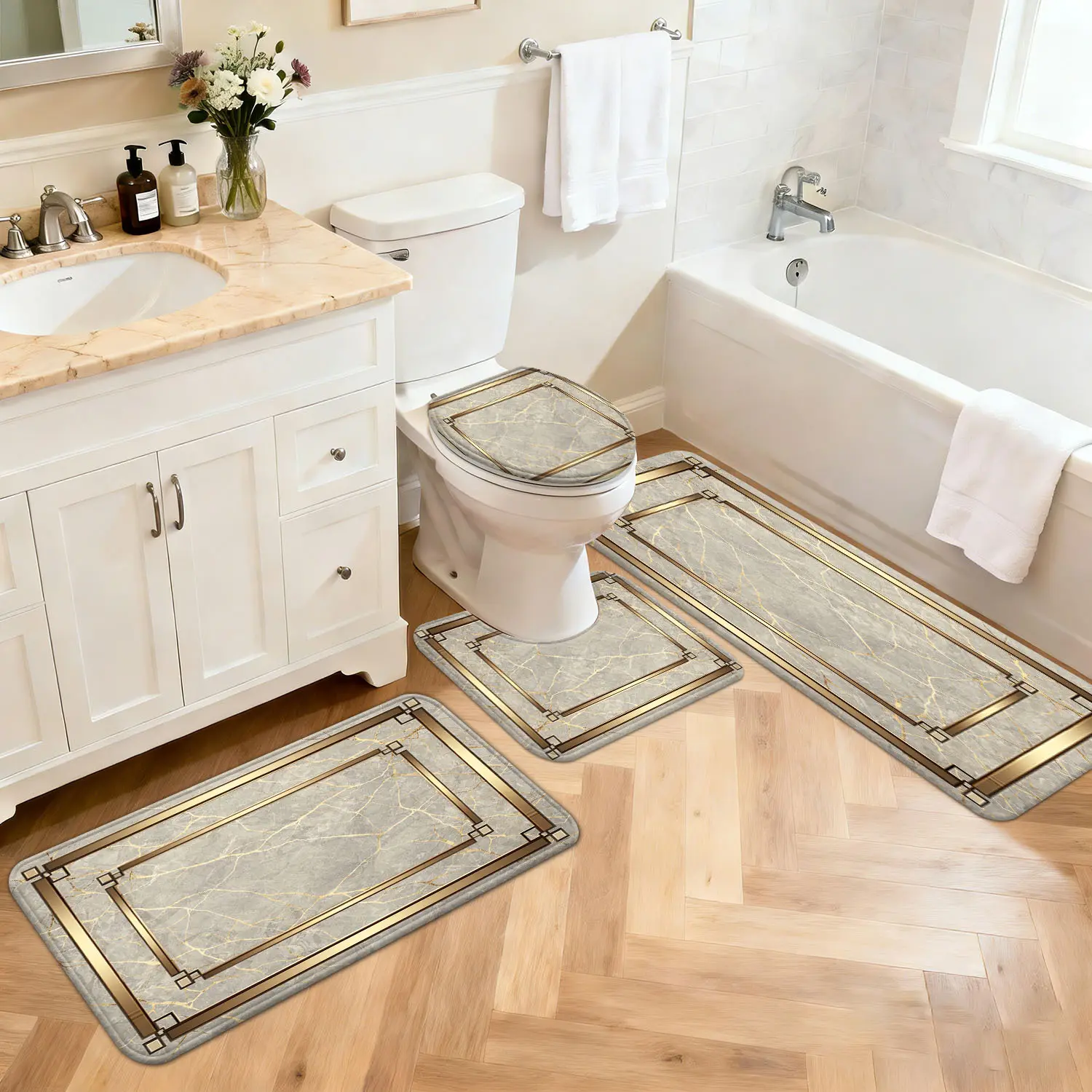 3/4pcs Luxury Golden Marble Bath Rug Suitable for Shower, Toilet, Bathtub Floor - Thickened Quick-Dry Soft Carpet with Non-Slip Backing, Machine Washable Floor Mat Suitable for Bathroom, Laundry Room, Bedroom Entryway, Modern Home Decor