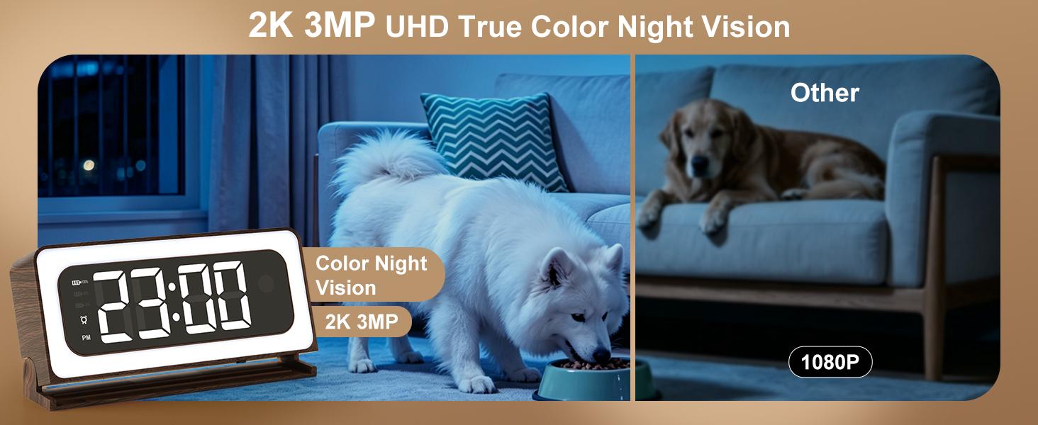 2K Smart Indoor Clock Camera,  Nanny Cam, Indoor Security Camera for Home, 5G & 2.4G WiFi, Full Color Night Vision, Motion Detection Alerts, Alarm Siren, Local SD Storage, Wood Grain Design