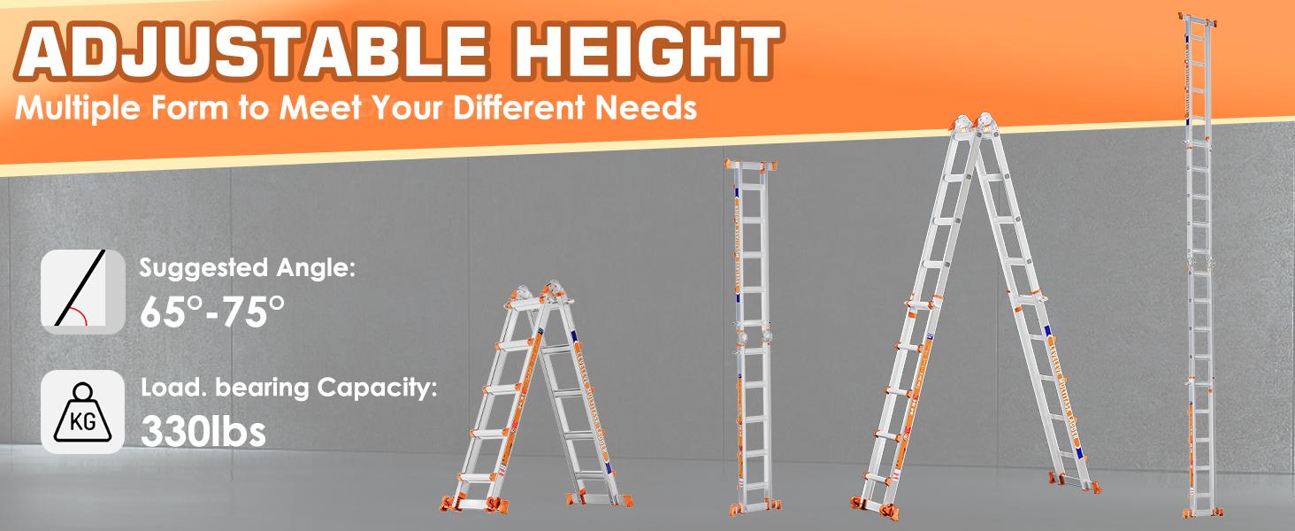 Multi-Position Extension Ladder, A-Frame Step Ladder with Stabilizer Bar & Wheels, 330LBS Security Load, Safe for Stairs, Home, Indoor, Outdoor & Roof Work