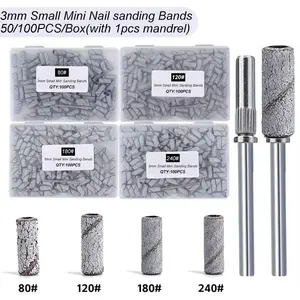 51/101Pcs/Box With Mini Mandrel Nail Art Diy Manicure 3mm Mini Grinding Sand Ring Bands（80# 120# 180# 240#）Electric Grinding Machine Nail Grinding Head Manicure Accessories Tools Nail Supplies Equipment Dead Skin Remover