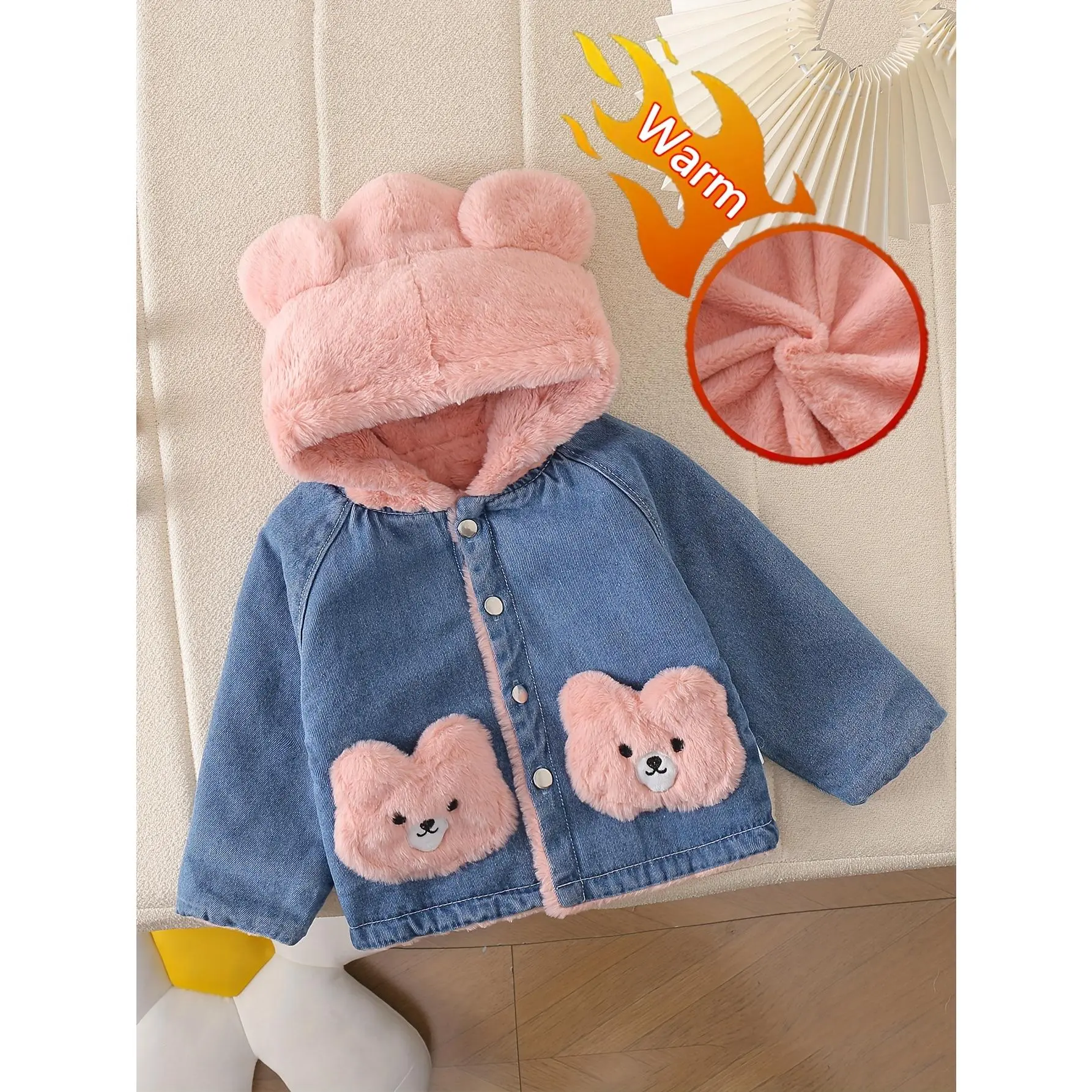 1pc Embroidered Bear Fleece-Lined Faux Denim Jacket for Boys and Girls, Pink or White, Fashionable Thickened Autumn/Winter Coat