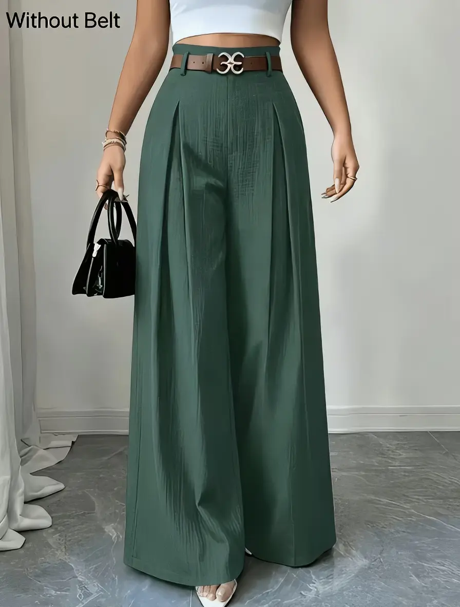 Without Belt Green Wide Leg Pants with Belt Buckle Detail and Flared Design for Women