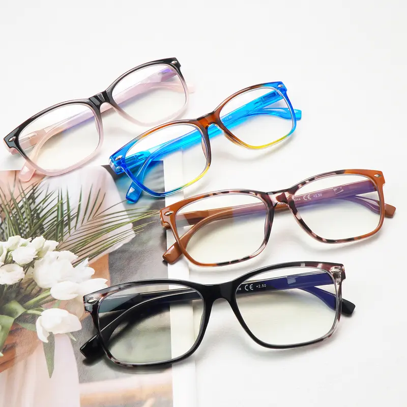 4-Pack Progressive Multifocal Blue Light Blocking Reading Glasses, Unisex, with Spring Hinge Design, 3-Level Vision Adjustment, Comfortable Fit, Durable Construction. Ideal for computer work, reading, and daily commuting. Mix Color