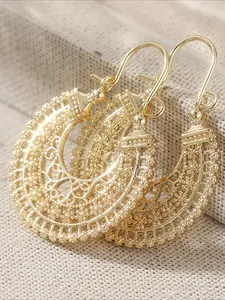 Vintage Gold Filigree Hoop Earrings for Women, Golden Plated Bohemian Dangle Earrings, Ethnic Statement Earrings for Party Daily Wear, Fashionable Hoop Earrings, Boho Style Jewelry