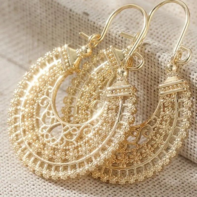 Vintage Golden Filigree Hoop Earrings for Women, Bohemian Dangle Earrings, Boho Style Jewelry, Ethnic Statement Jewelry for Party & Daily Wear