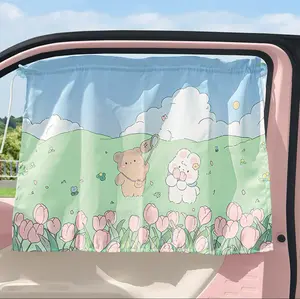Car Side Window Sun Shade Playful Bunny & Bear Design Cartoon Sun Insulation Curtain for Baby UV Protection Universal Fit Suction Cup Car Curtain
