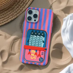[ShieldVibe 14] Retro Sardine Tins Vintage Pinks Striped Tough Case for iPhone 17 16 15 14 13 12 11 Pro Max Plus SE Coastal Summers Dual Layer Shockproof Protective Cover