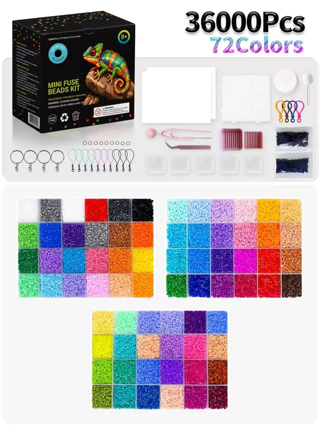 2.6mm Fuse Beads Kit 36000 Pcs 72 Colors - Child-Safe Melty Beads for Beginners, Complete Starter Set with Pegboards, Ironing Paper & Step-by-Step Patterns, Arts and Crafts Educational Gift for Classroom and Home