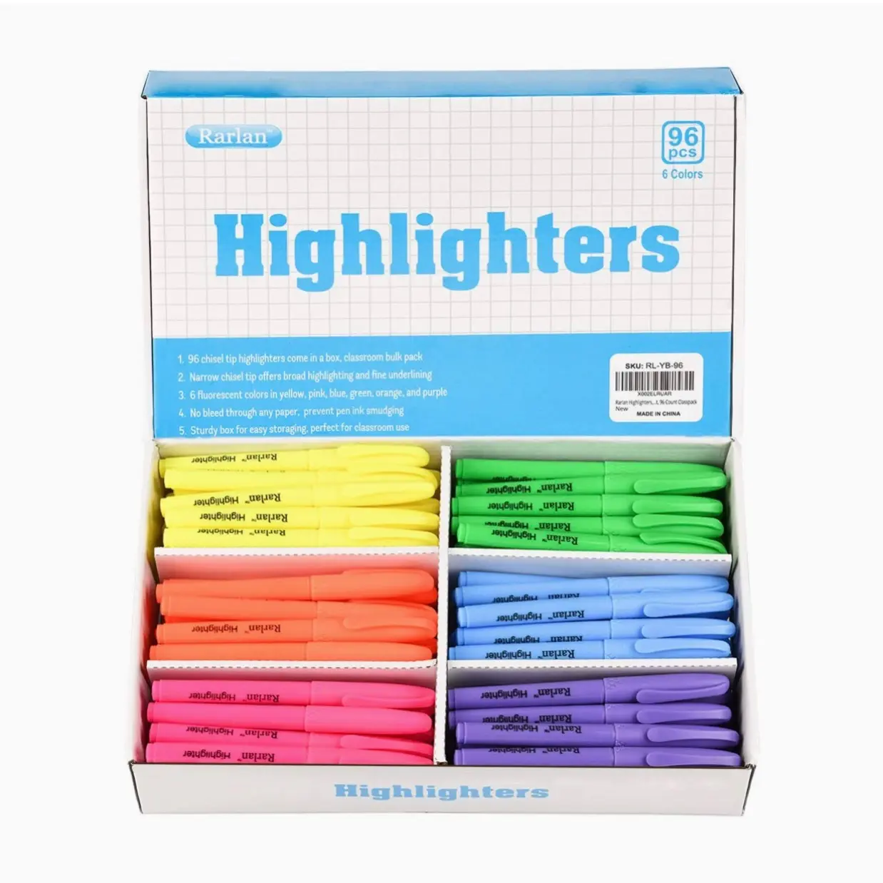 Highlighters, Chisel Tip, Assorted Fluorescent, 96 Count Bulk Pack