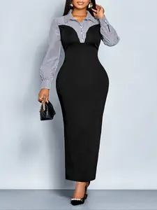 Women's Elegant Striped Patchwork Maxi Dress, Fall Winter Long Sleeve High-Waisted Fitted A-Line Skirt, Casual Daily Wear