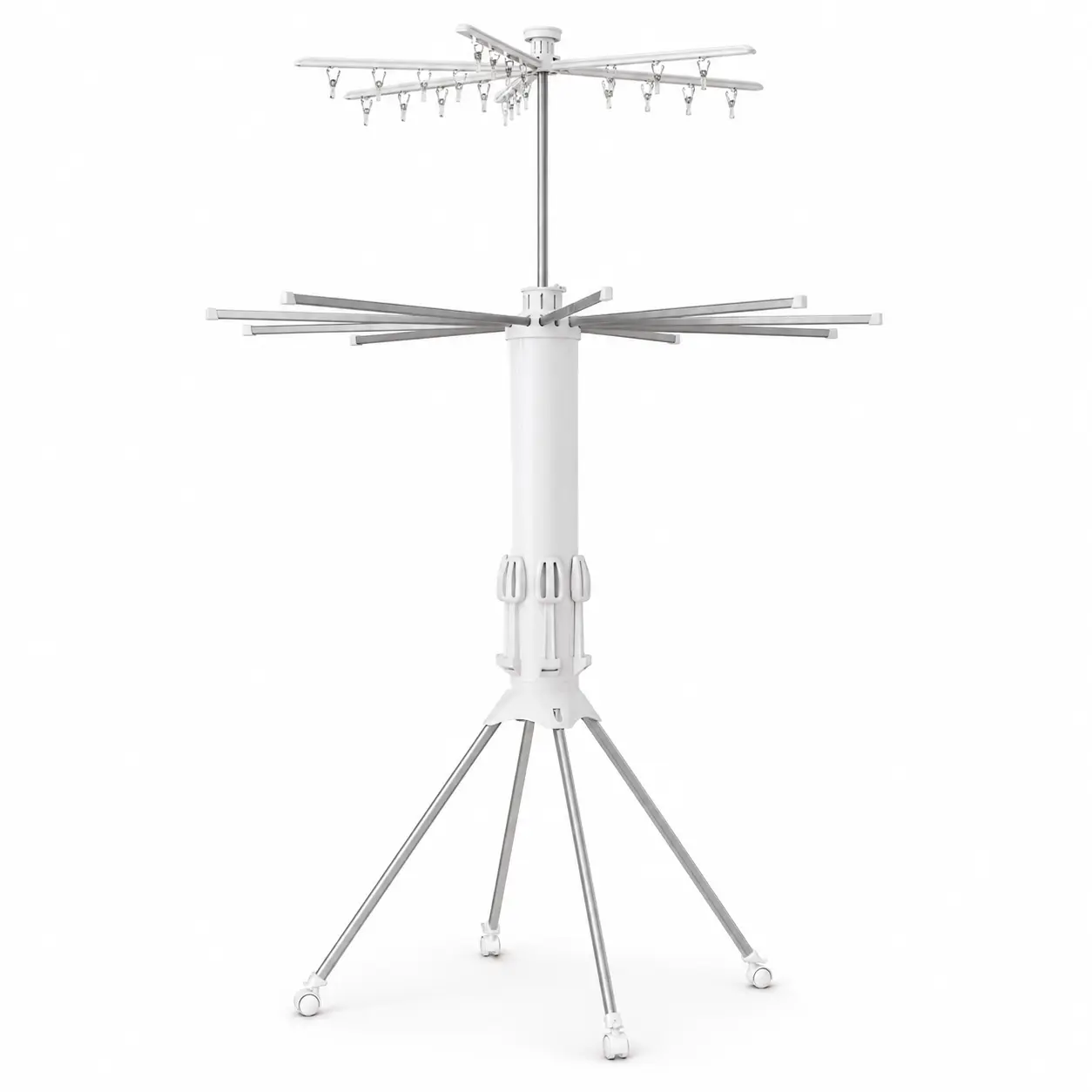 Sakugi Carbon Steel 2-Tier Octopus Pipe Clothes Rack, White Folding Hanging Rack with 12 Rods, 20 Clips & Rolling Wheels for Indoor Outdoor Shoe & Accessories Drying