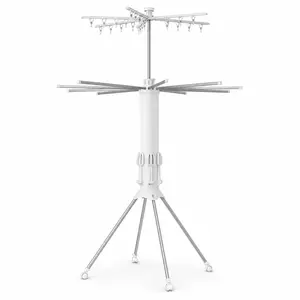 Sakugi 2-Tier Clothes Drying Rack White Carbon Steel Umbrella Folding Garment Dryer with 12 Rods & 20 Clips Rolling Laundry Rack for Indoor Outdoor