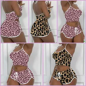 Leopard Print Sexy Pajama Set - Sleeveless Crop Top & High-Waisted Shorts with Adjustable Drawstring, Soft Polyester Blend, Perfect for Lounging or Sleepwear, Leopard Print Pajamas
