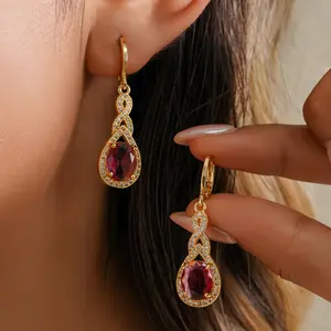 18K Gold Plated Swirl Cross Rose Red Oval Gemstone Dangle Earrings for Women Hypoallergenic Cubic Zirconia Elegant Chandelier Drop Statement Jewelry Gifts Fashion