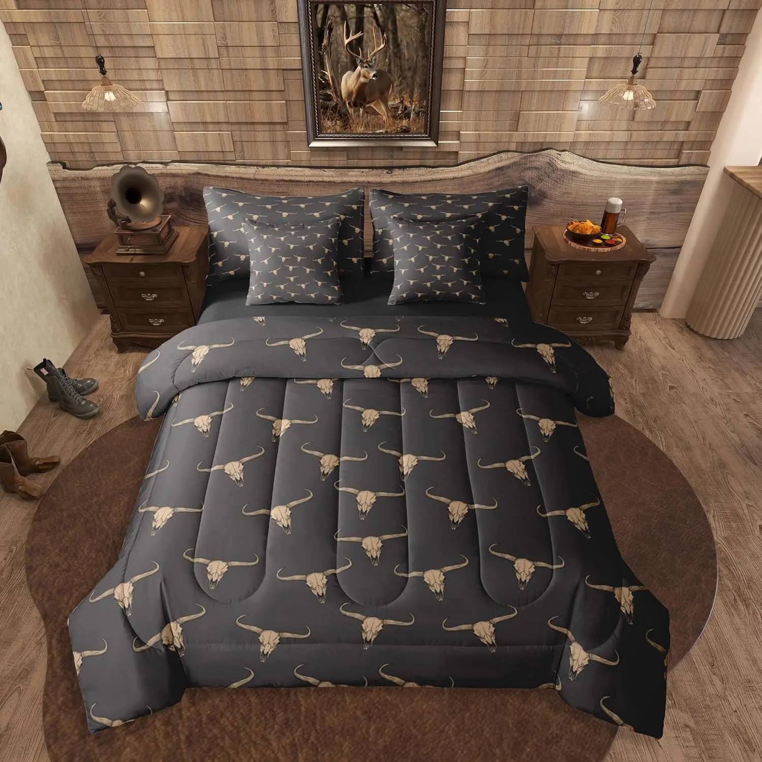 Bull Skull 7 Piece Comforter Set,Ethnic Bohemian Bedding for Men Boys,Tribal Steer Skull Wildlife Aztec Bedroom Decor Farmhouse Cabin Lodge Sheet Set