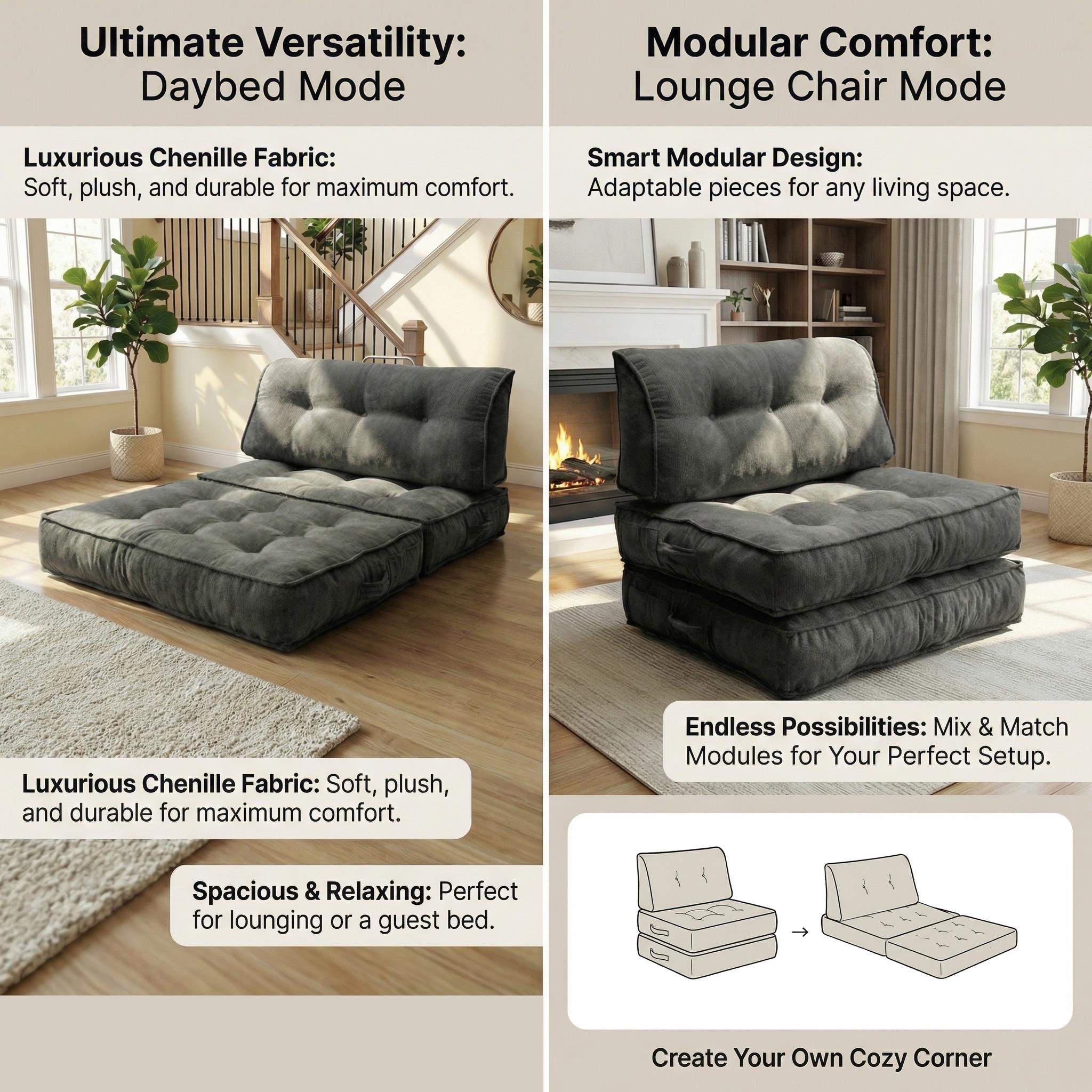 Indoor reading and resting single convertible sofa bed, simple folding and space saving small sofa, can be used in multiple combinations without assembly, compressed and packaged for safe transportation