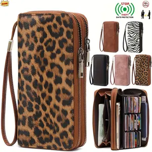 Retro Leopard Print Women's Double Zipper Multi-Slot Large Capacity Wallet RFID Blocking Credit Card Holder with Wrist Strap Fashion Handbag for Party Shopping Travel Birthday Gift