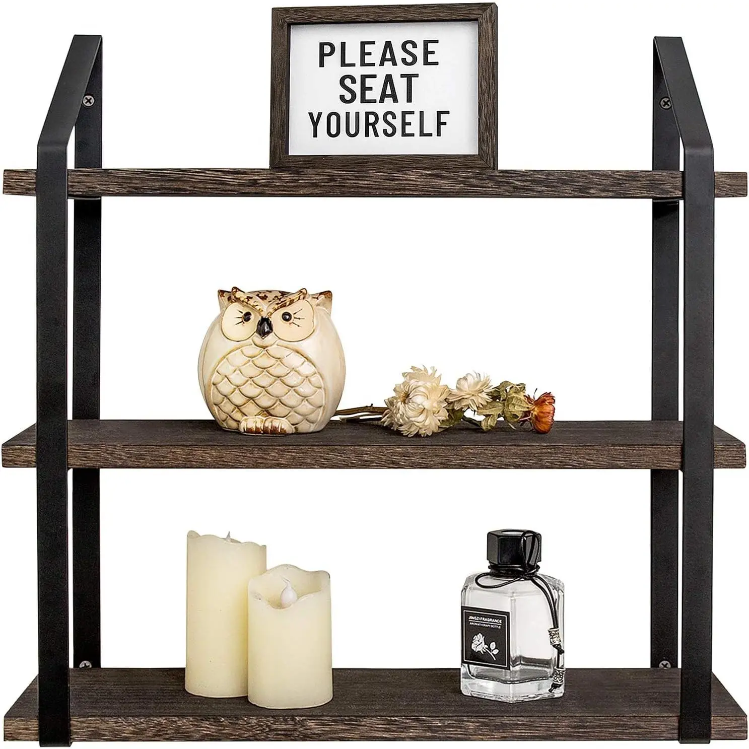 3‑Tier Wall Mounted Floating Shelves, Rustic Wood Wall Storage Display Shelf with Metal Brackets, 17 Inch Hanging Organizer for Bathroom Bedroom Kitchen Living Room Office