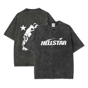 Hell Star Skull Face Vintage Washed Oversized T Shirt 100% Cotton Dark Edgy Streetwear Loose Fit Casual Summer Top for Men Women