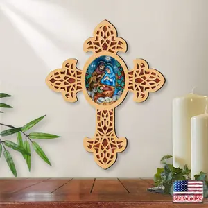 212 MAIN Pointy Wooden Cross, 12x9 in. Handmade Religious Decorative Wall Decor - Museum Icons 88389 Village Nativity Themed Piece, Ideal Gift for Mother
