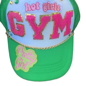 Hot Girls Gym Trucker Hat - Pretty Girl Design with Patch Work & Chains for Workout Wear