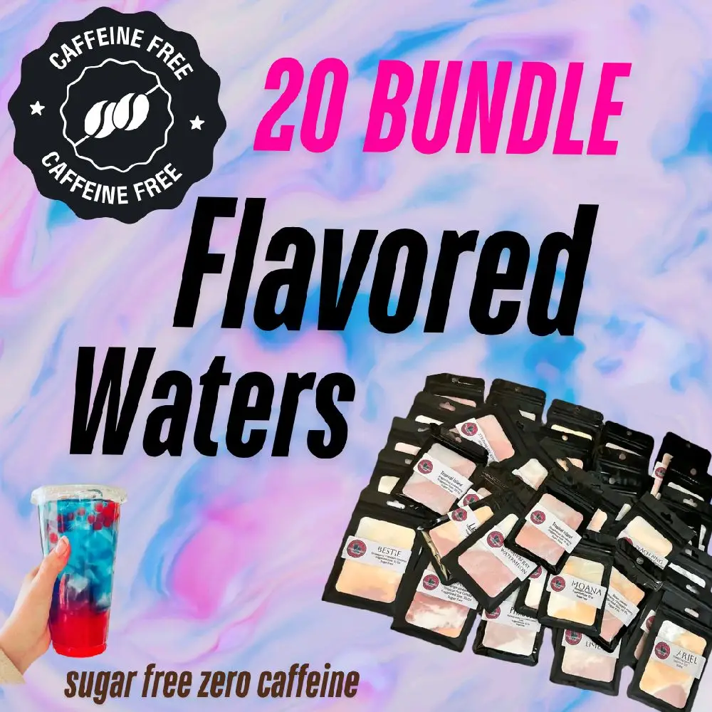 BULK 20 FLAVORED WATERS ZERO CAFFEINE PER ORDER. KID FRIENDLY ZERO CAFFEINE SUGAR FREE SWEETENED WITH SUCRALOSE Drink