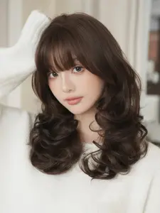 20 Inch Medium Long Wave Wig for Women, Shoulder Length Curly Wave Parting Synthetic Heat Resistant Full Machine Made Wig