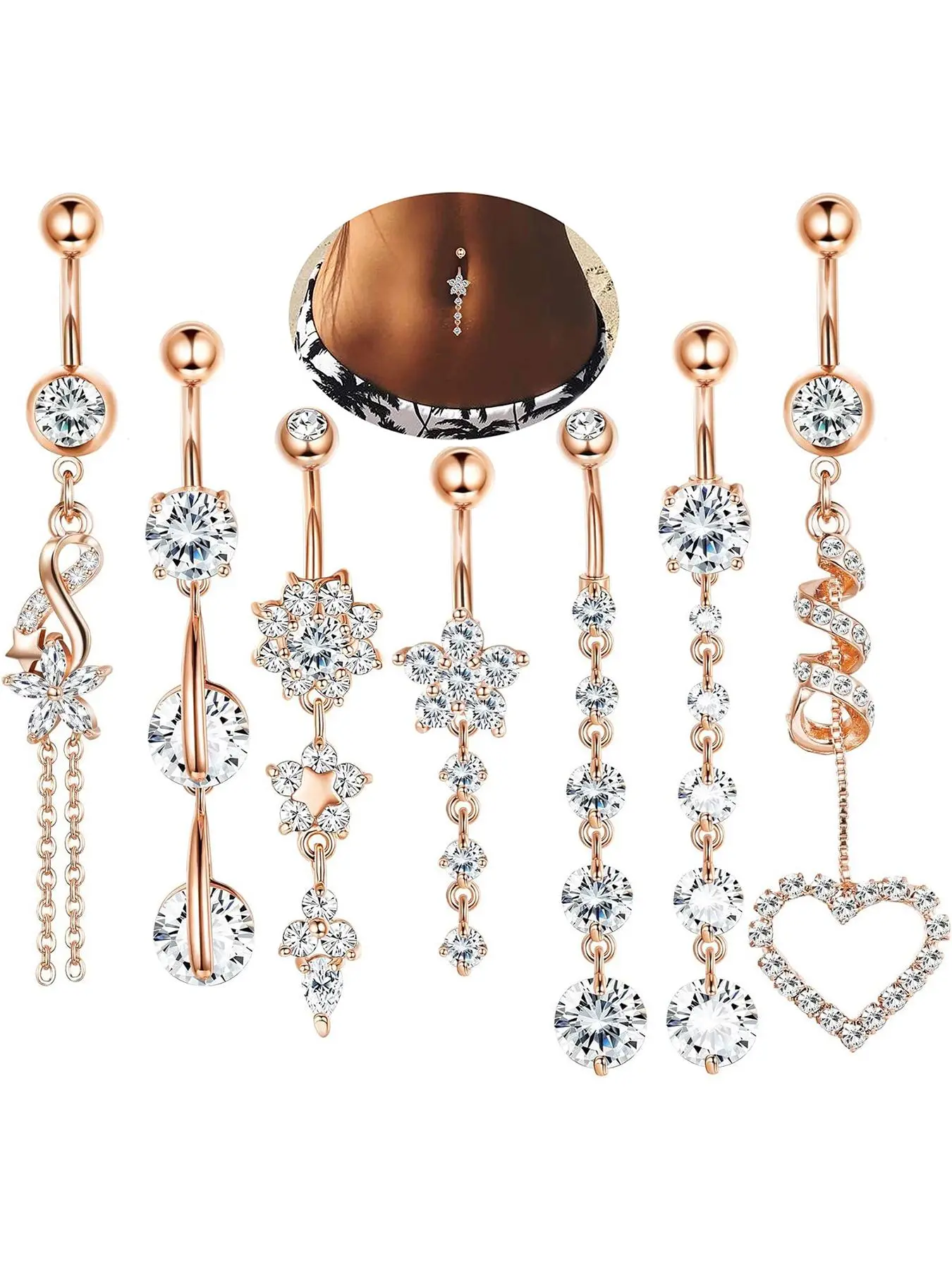 Women's Elegant Artificial Zircon Decor Belly Button Rings, Trendy Exquisite Belly Piercing Jewelry, Navel Piercing Jewelry, Chic Body Jewelry, Body Jewellery for Party Decor