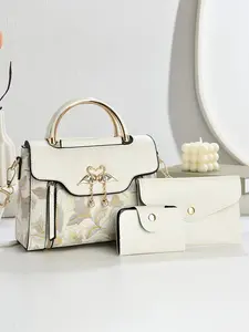 Women's Fashionable Bag Set, New Trendy Print Letter Decoration Swan Charm Multifunctional Handbag Shoulder Crossbody Three-Piece Set