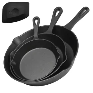 Cast Iron Skillet, Heavy-Duty Professional Restaurant Chef Quality Pre-Seasoned Pan Cookware Set, for Frying, Saute, Cooking, Use Indoor/Outdoor, Oven, Grill