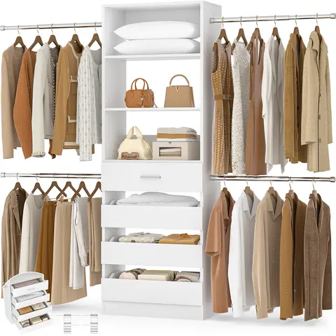 iSunirm Closet System, 4-9Ft Closet Organizer with 4 Wooden Drawers, Wood Closet Organizer System with Tower, Walk-in Closet Organizer Wardrobe Clothes Rack with 4 Hanging Rods, Garment Rack,dorm essentials,home decor