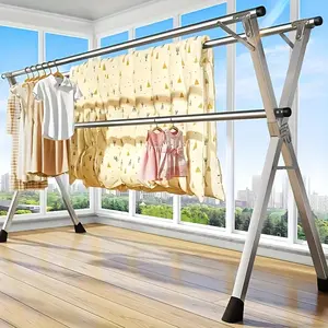 Foldable Metal Clothes Drying Rack, Adjustable Three Rod, with Space-Saving Storage, for Indoor And Outdoor,for Clothes, Blankets And Bedding, Laundry