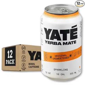 Yate Sparkling Yerba Mate - Natural, Clean Energy Alternative - Unsweetened - 12oz (12 Pack)