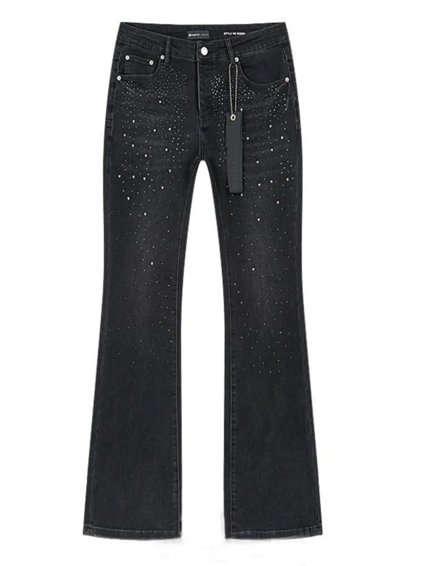 Men's Elastic Hip Hop Punk Dark Wash Flare Jeans with Pockets and Rhinestone Decor, Streetwear Street Style Casual Denim Jeans for Daily Wear