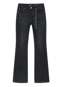 Men's Elastic Hip Hop Punk Dark Wash Flare Jeans with Pockets and Rhinestone Decor, Streetwear Street Style Casual Denim Jeans for Daily Wear