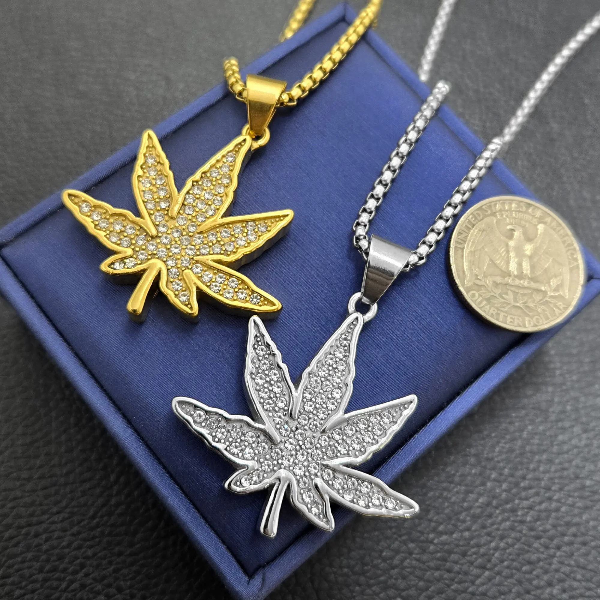 MaxBling81 Unisex Stainless Steel Weed Leaf CZ Iced-Out Pendant Necklace, 24" Rolo Chain-Link, Rust-Resistant Ice Long Length Chain Jewelry Necklace for Men (Size S), Long Length Necklaces, Rust Resistant Necklaces
