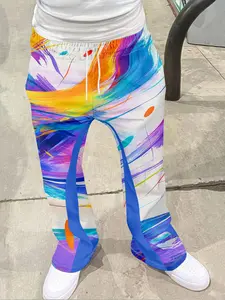 Men's Vintage Aesthetic Distressed Bell Bottom Pants, Fashion Vibrant Geometric Print Drawstring Waist Sports Long Pants, 3D Soft Breathable Lightweight Fabric, Casual Daily Wear