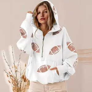 Women's Game Day Jersey Football Sequin Hoodie Tailgate Apparel Long Sleeve Zipper Sweater with Pockets Womenswear Sweatshirts