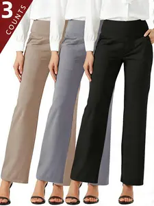 3 Pairs of High-Waisted Fleece-Lined Straight-Leg Athletic Pants, Solid Colors Minimalist Pants Womenswear Bottom Everyday Basic Casual Style Palazzo Pockets Loose