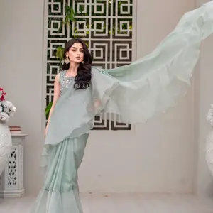 Saira - 3 Piece premium chiffon saree in Mint Green - Multiple Sizes Available