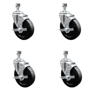 Service Caster SCC-SSSSTS20S514-SRS-TLB-381615-4 Stainless Steel Soft Rubber Swivel Threaded Stem Caster with 5 x 1.25 in. Black Wheels & 0.38 in. Stems - Set of 4