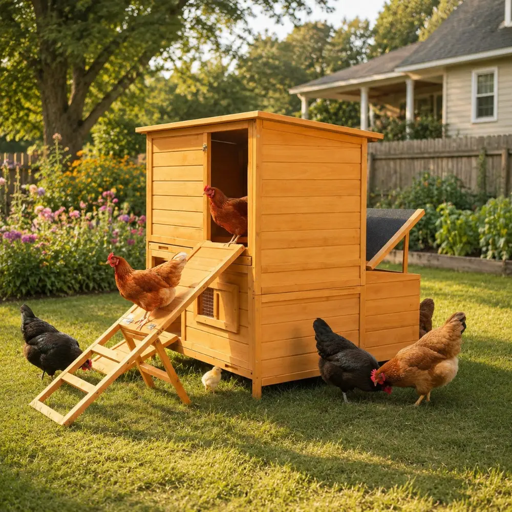 Littleox Chicken Coop, Double-House Wooden Chicken Coop For 6-8 Chickens With 3 Nesting Boxes And 2 Pull-Out Trays, Featuring A Foldable Ramp And Asphalt Roof