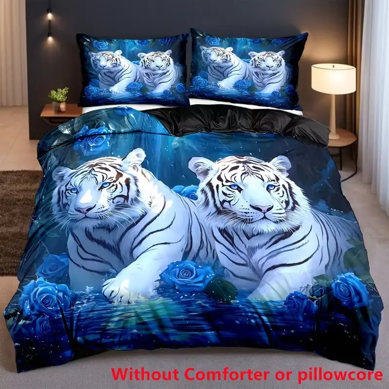 Tiger Print Three-Piece Down Comforter Set, Soft and Cozy Bedding, Decorative Bedding Set, Perfect for Modern Bedroom Decor, Easy Care Fabric, Soft Bedding Sets, Comfy Bedding Set