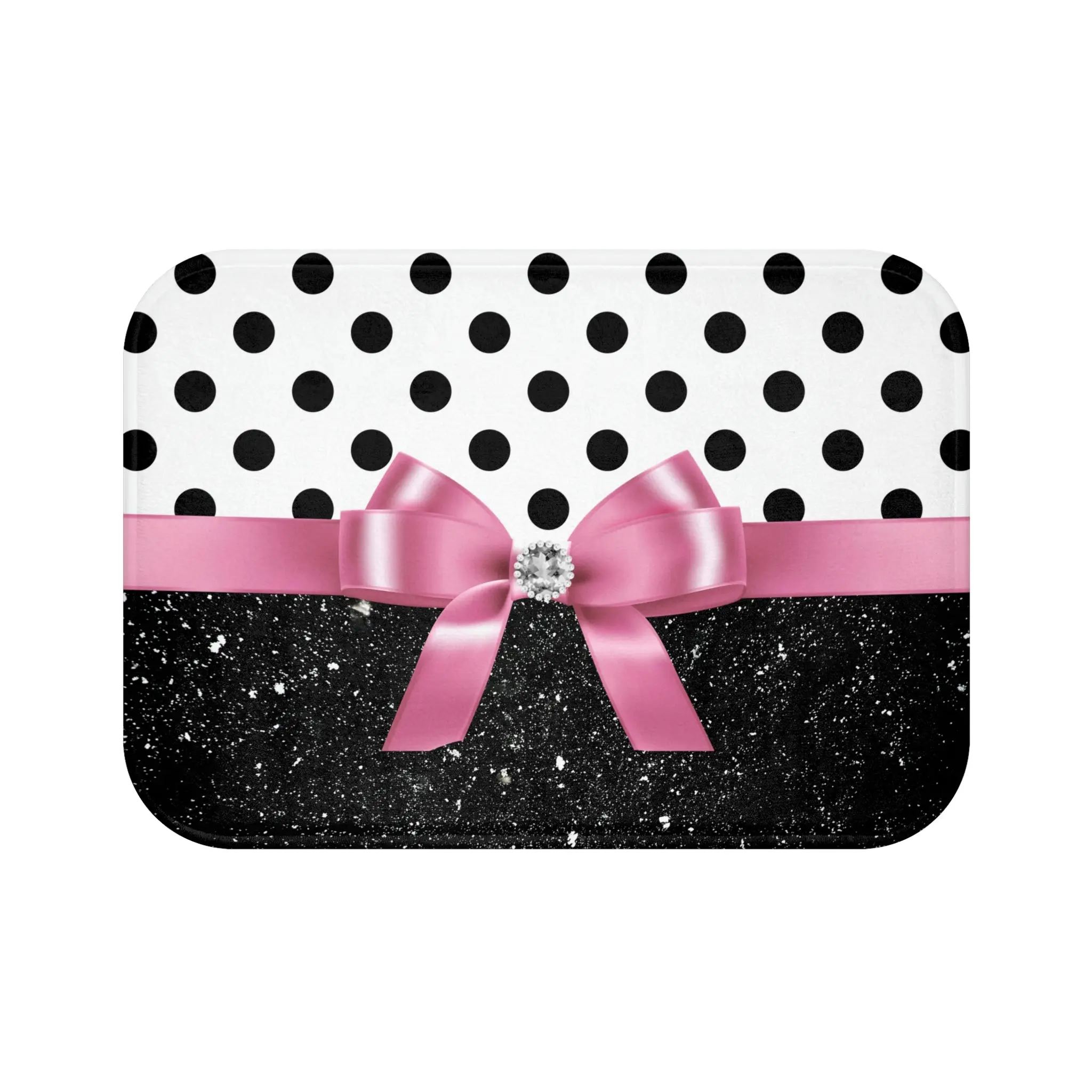 Bath Mat-Glam Pink Bow-Black Polka Dots-Black Glitter Microfiber
