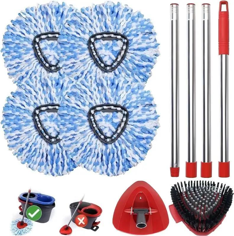 4 Pack Replaceable Mop Cloth with Deep Cleaning Brush & Handle Multi-Function Microfiber Mop Head Refills for Vileda Rinseclean