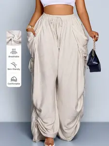 Plus Size Women's Solid Color Waist Tie Pocket Wide Leg Loose Casual Pants
