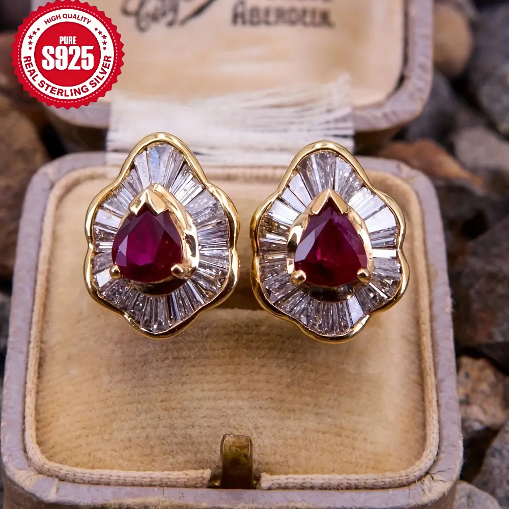 Women's S925 Pure Silver Gold-Tone Coating Drop Earrings with Red Synthetic Gemstones - High-Quality Craftsmanship Elegant Female Costume Jewelry for Weddings, Formal Wear, Evening Events, Earring Stacks, Jewelry Stack, Earrings For Women