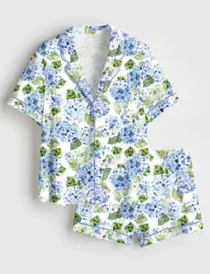 Women Watercolor Hydrangea Floral Pajama Set Blue Flower Botanical Garden Print Comfy Loose Short Sleeve Shorts Summer Sleepwear Cottagecore Pjs
